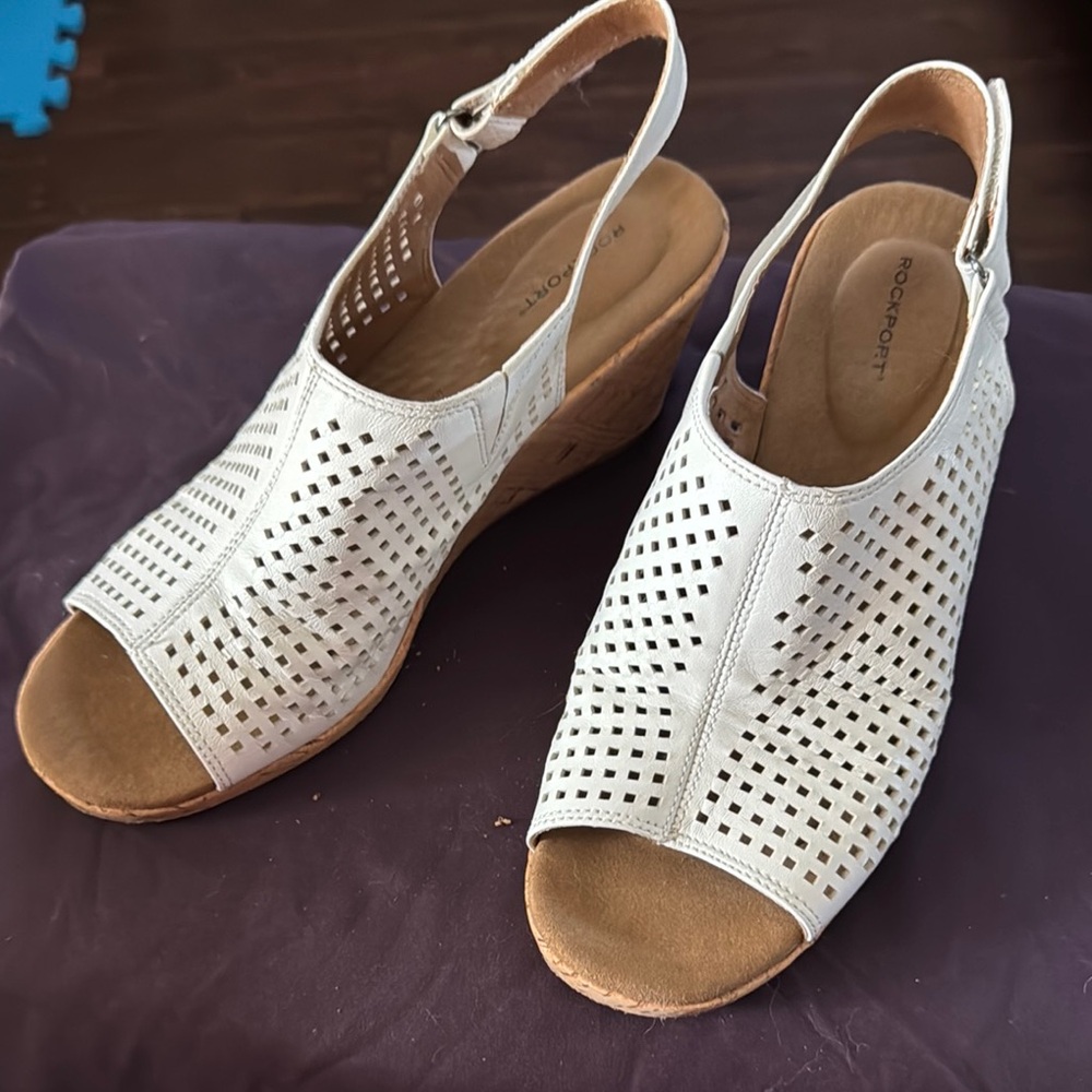 Rockport White and Tan Wedge Sandals with Slingback